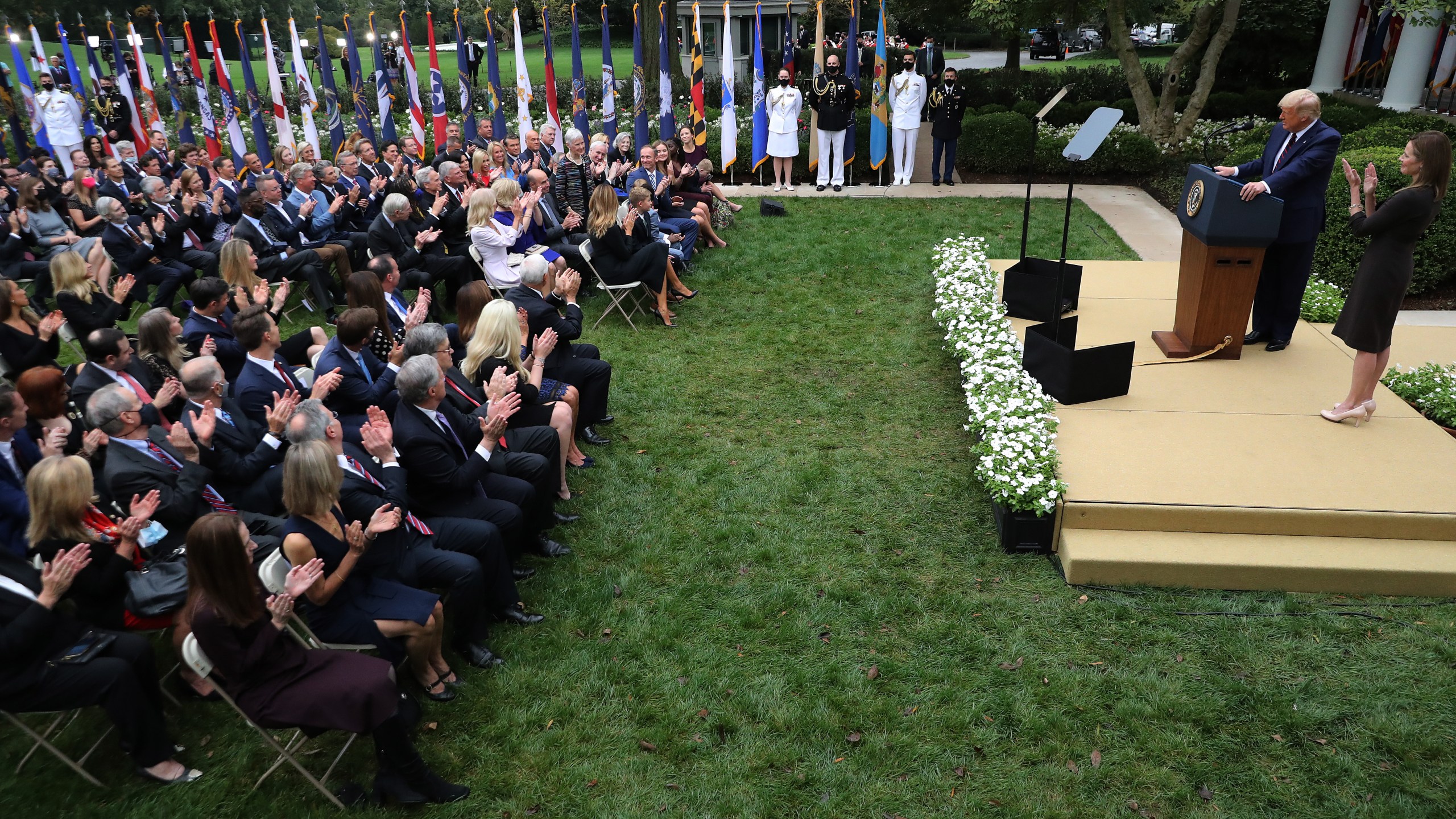 U.S. President Donald Trump announces 7th U.S. Circuit Court Judge Amy Coney Barrett as his nominee to the Supreme Court in the Rose Garden at the White House September 26, 2020 in Washington, DC. With 38 days until the election, Trump tapped Barrett to be his third Supreme Court nominee in just four years and to replace the late Associate Justice Ruth Bader Ginsburg, who will be buried at Arlington National Cemetery on Tuesday. (Photo by Chip Somodevilla/Getty Images)