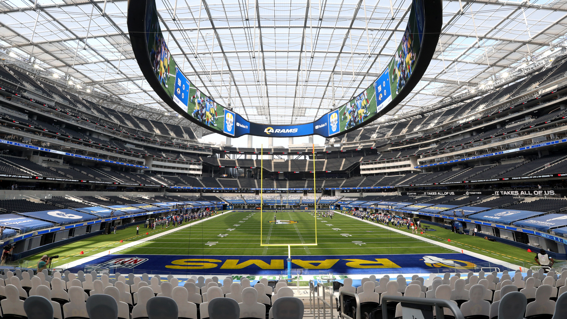 SoFi Stadium in Inglewood is seen during a game between the Los Angeles Rams and the New York Giants on Oct. 4, 2020. (Maxx Wolfson / Getty Images)