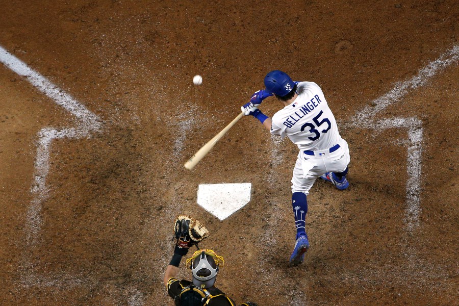 Cody Bellinger of the Los Angeles Dodgers bats against the San Diego Padres in Game Two of the National League Division Series in Arlington, Texas, on Oct. 7, 2020. (Tom Pennington / Getty Images)