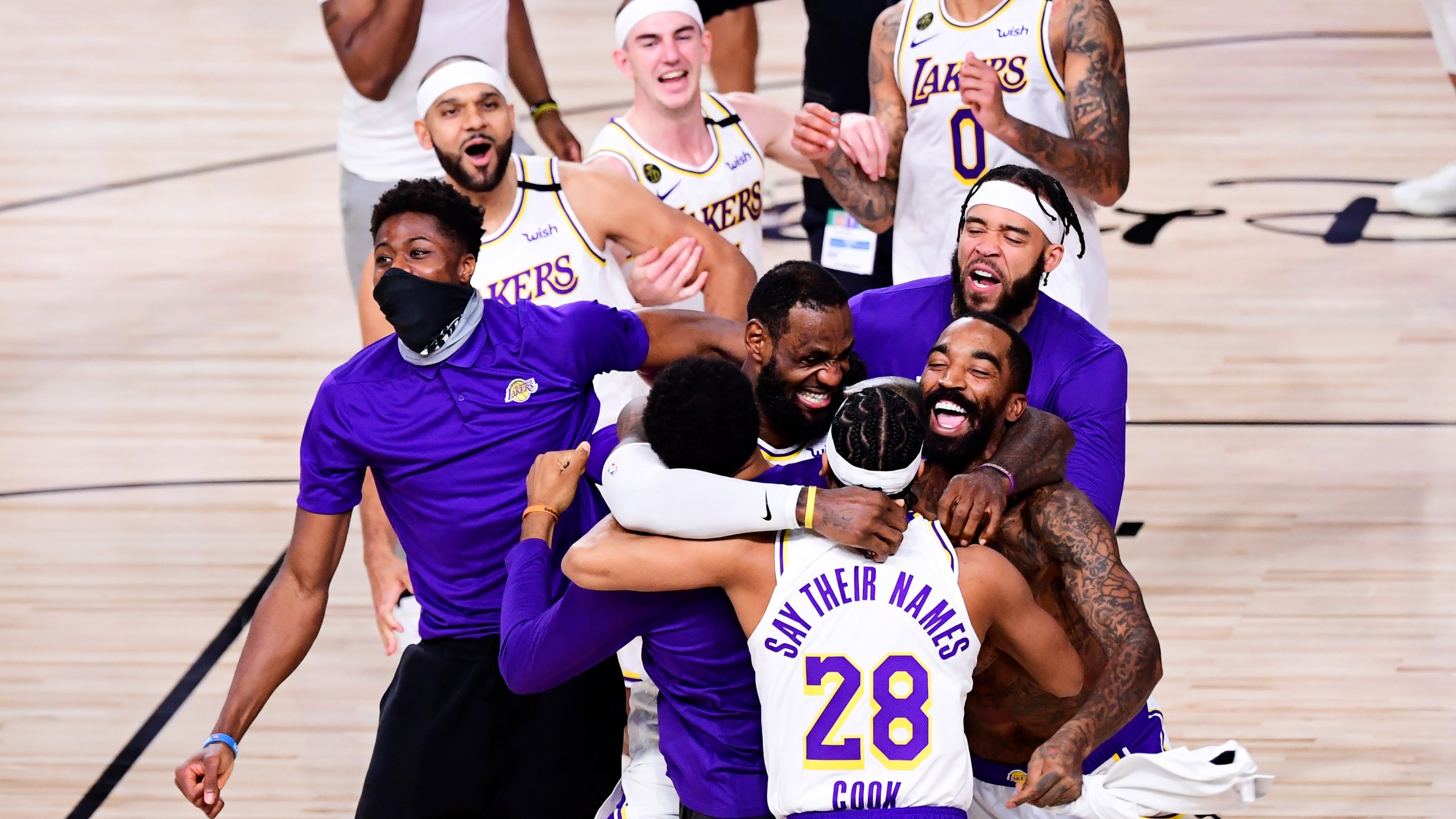 LeBron James of the Los Angeles Lakers celebrates with his teammates after winning the 2020 NBA Championship in Game 6 of the 2020 NBA Finals at AdventHealth Arena at the ESPN Wide World Of Sports Complex on Oct. 11, 2020 in Lake Buena Vista, Florida. (Douglas P. DeFelice/Getty Images)