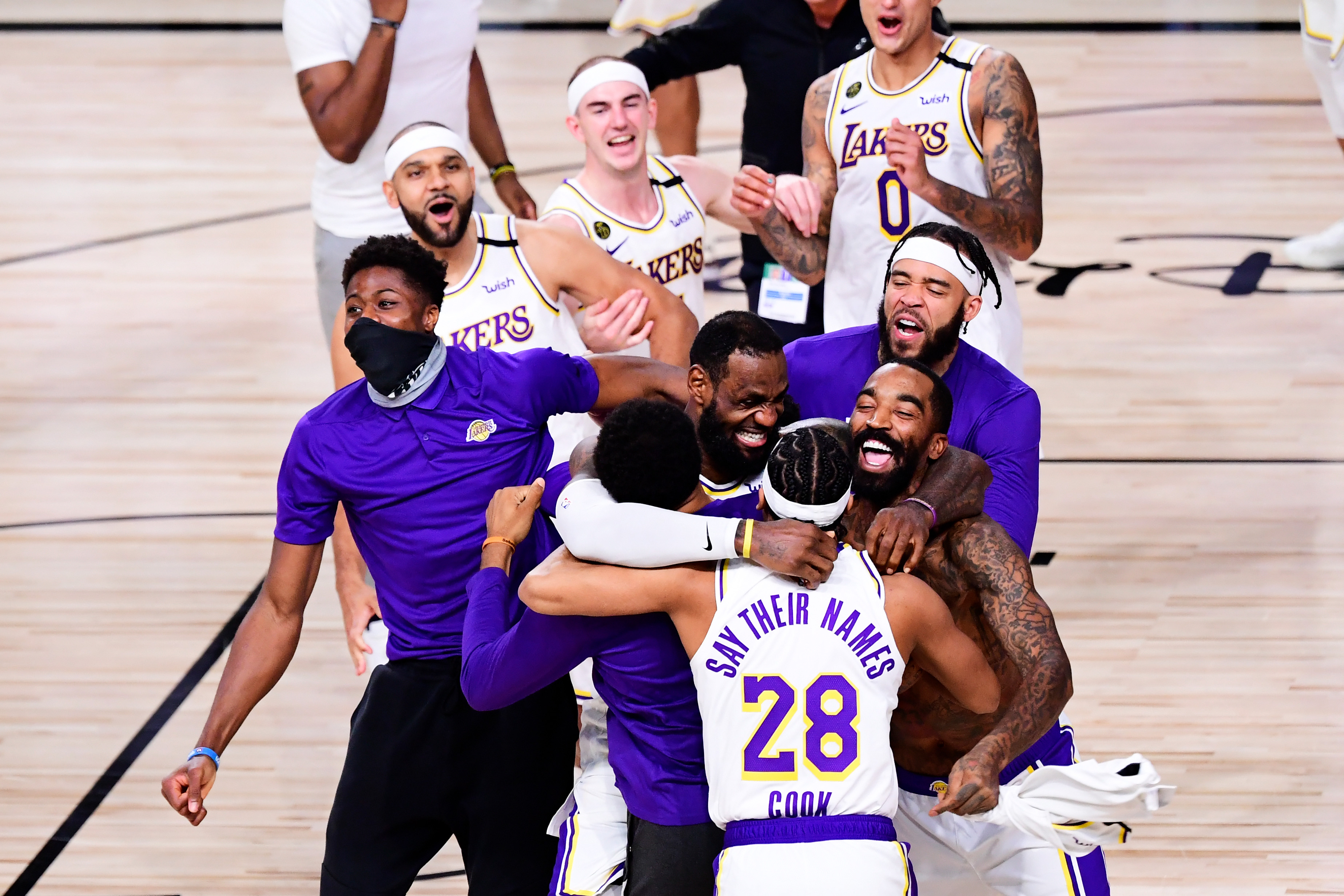 LeBron James of the Los Angeles Lakers celebrates with his teammates after winning the 2020 NBA Championship in Game 6 of the 2020 NBA Finals at AdventHealth Arena at the ESPN Wide World Of Sports Complex on Oct. 11, 2020 in Lake Buena Vista, Florida. (Douglas P. DeFelice/Getty Images)