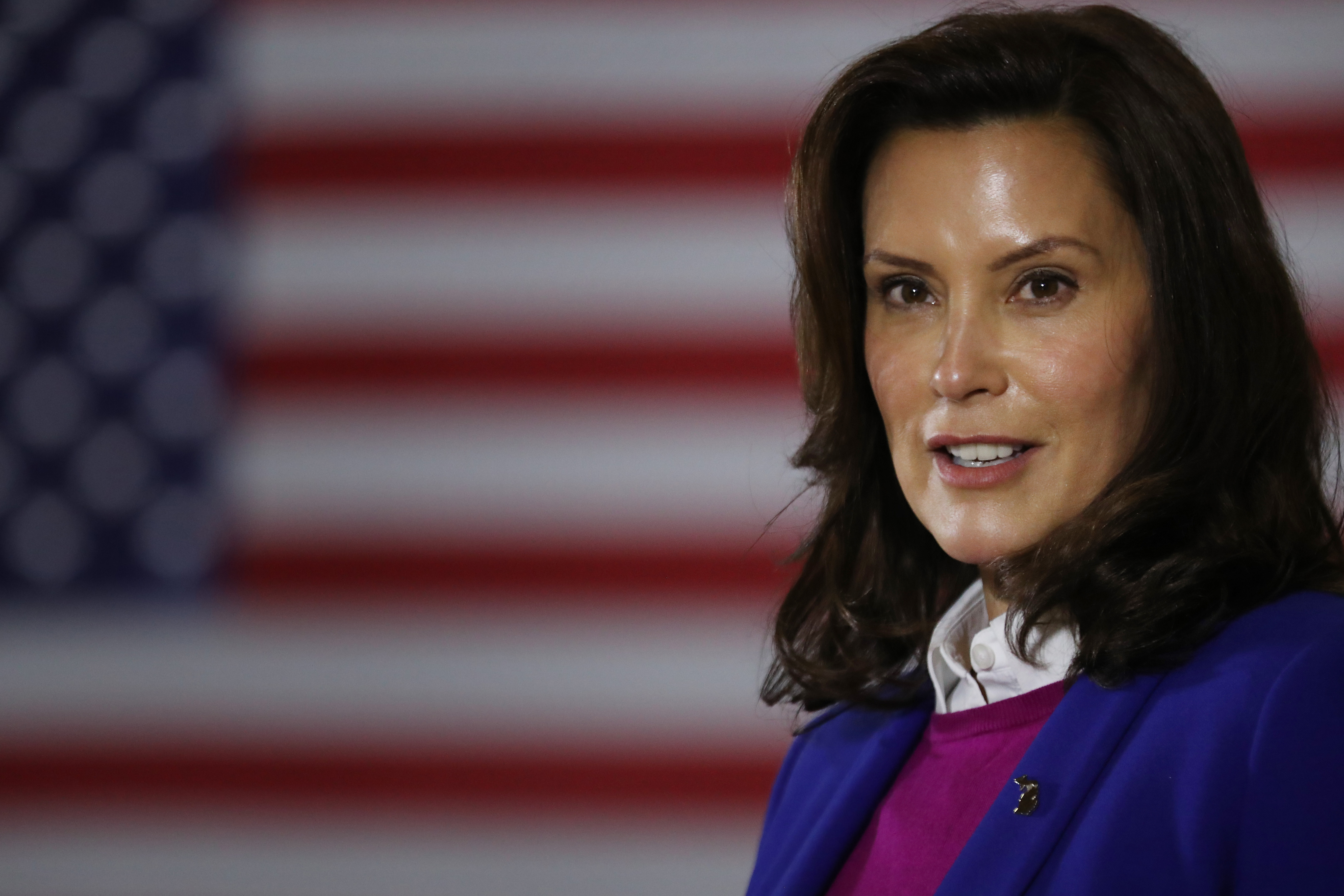 Gov. Gretchen Whitmer introduces Democratic presidential nominee Joe Biden at Beech Woods Recreation Center Oct. 16, 2020 in Southfield, Michigan. (Chip Somodevilla/Getty Images)