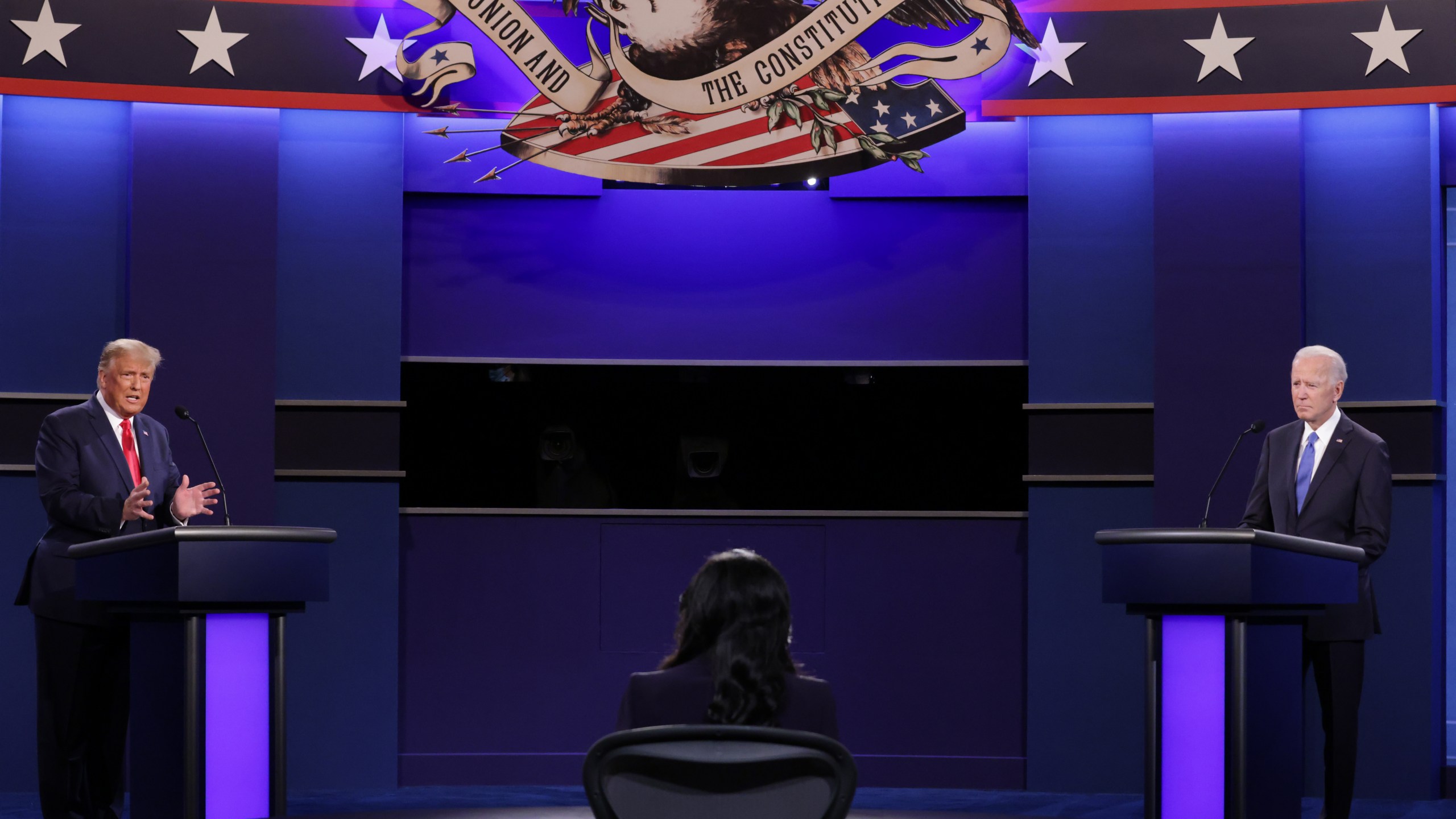 President Donald Trump, left, and Democratic presidential nominee Joe Biden participate in the final presidential debate at Belmont University in Nashville, Tennessee, on Oct. 22, 2020. (Chip Somodevilla / Getty Images)