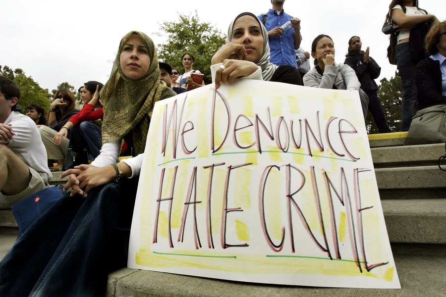 Members of the Society of Arab Students at UC Irvine participate in a protest on May 27, 2004 in Irvine, California. (David McNew/Getty Images)