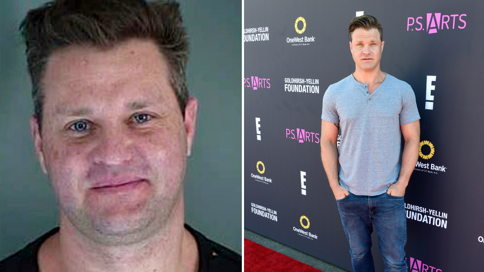 This booking photo released Saturday, Oct. 17, 2020, by the Eugene, Ore., Police Department shows suspect Zachery Ty Bryan. On the right, the actor is seen Nov.13, 2016, at an event in Santa Monica, California. (Joshua Blanchard/Getty Images for P.S. ARTS)