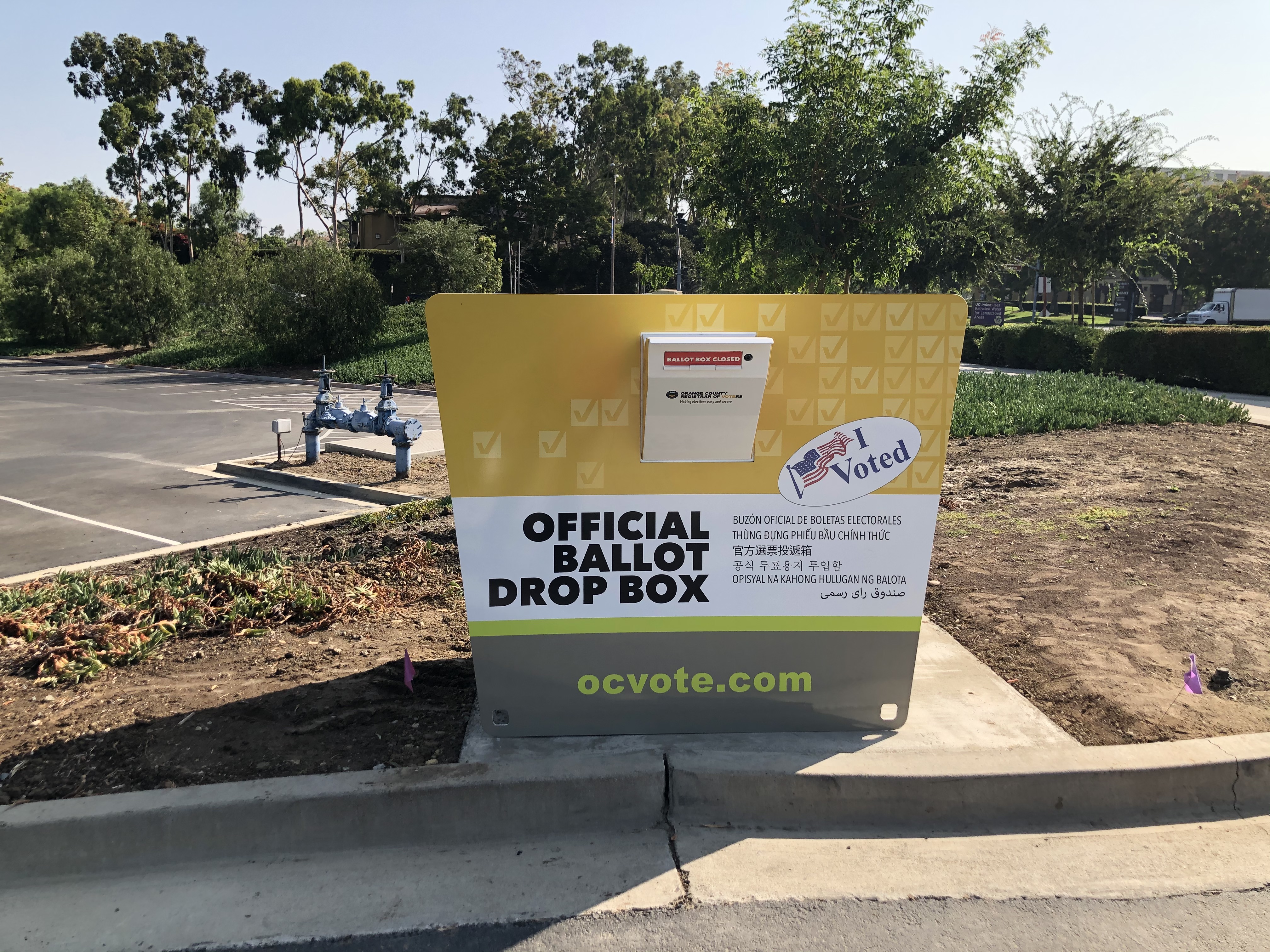 This photo shows a legitimate drop box for use by California voters. The image was released by the Orange County registrar of voters on Oct. 12, 2020.