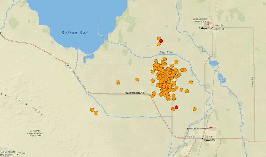 A USGS map shows the location of a swam of earthquakes in the Imperial Valley on Sept. 30 and Oct. 1, 2020. The locations marked are for quakes of magnitude 2.5 or larger.