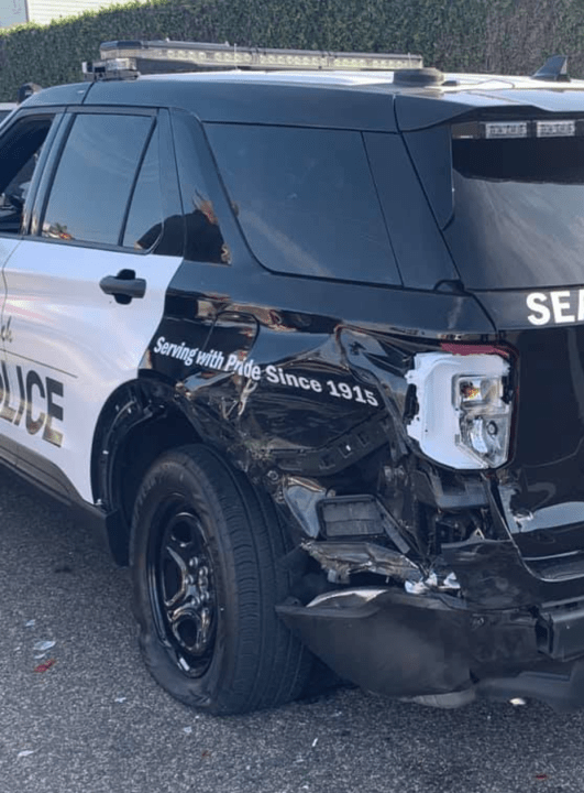 Damage is seen on a Seal Beach Police Department patrol car following a collision with a suspected drunk driver on Oct. 10, 2020. 