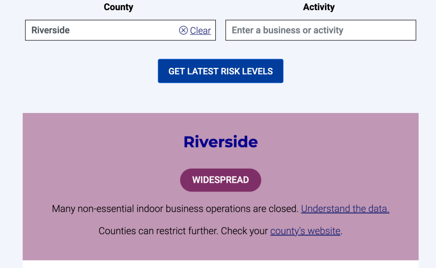 Riverside County moved back to the state's most restrictive tier — purple, or widespread risk — because of an increased coronavirus positivity rate on Oct. 20, 2020. 