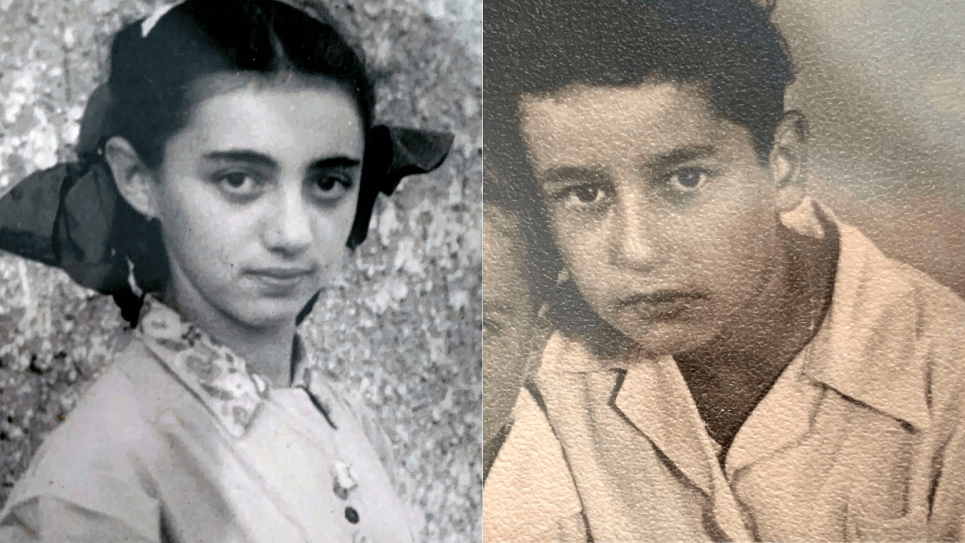 On the left, a 1948 photo, provided by Ruth Brandspiegel, Brandspiegel is photographed in the Hallein Displaced Persons Camp in Austria following World War II. On the right, Israel "Sasha" Eisenberg is photographed at the Hallein Displaced Persons Camp in Austria in 1949. (Ruth Brandspiegel via AP)