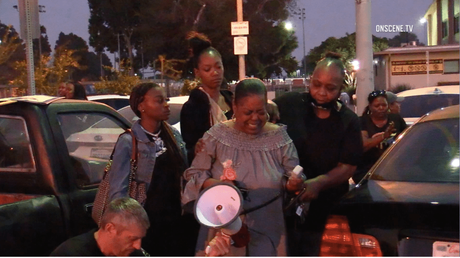 Loved ones of a man shot by an L.A. County sheriff's deputy speak at a rally in Willowbrook on Oct. 18, 2020. They identified the man as Fred Williams. (Onscene.tv)