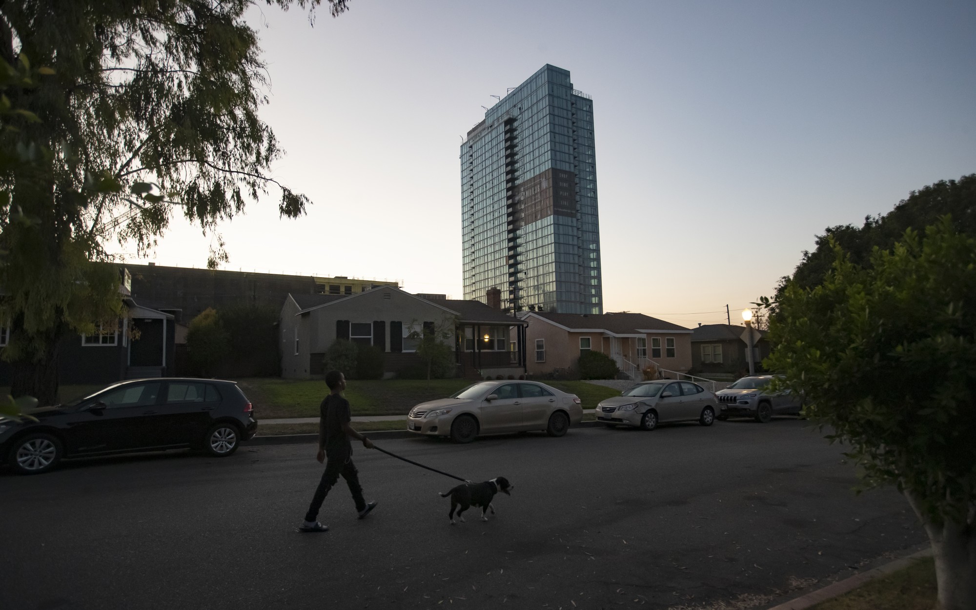 A 30-story residential tower called Arq at Cumulus District rises near homes on Genesee Avenue in Los Angeles in fall 2020. (Mel Melcon / Los Angeles Times)