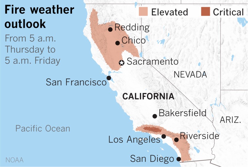 Critical fire conditions appear likely in the mountains north of Los Angeles, forecasters say.(Paul Duginski / Los Angeles Times)