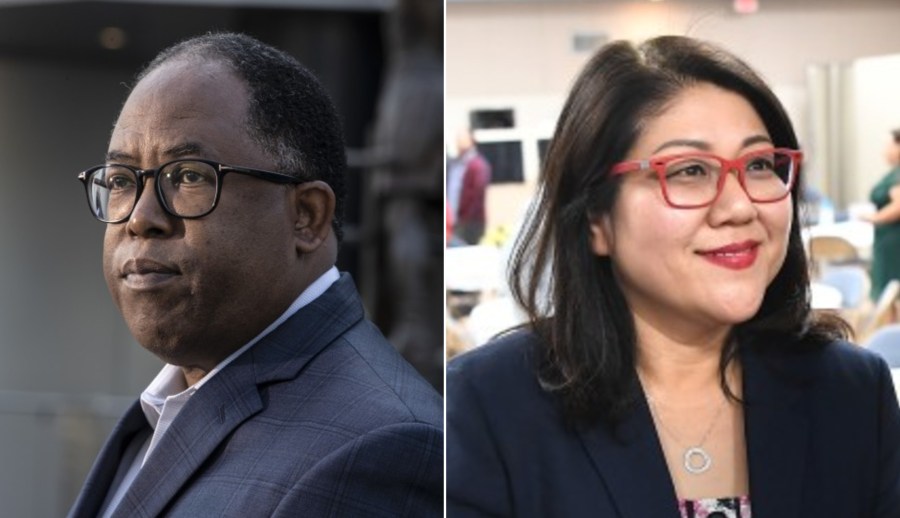 Mark Ridley-Thomas and Grace Yoo are seen in undated photos. (Brian van der Brug, Wally Skalij / Los Angeles Times)