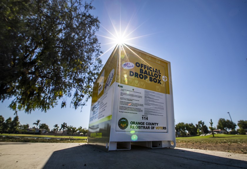 An official Orange County Registrar of Voters ballot drop box for the 2020 presidential election is seen at Carl Thornton Park in Santa Ana. (Allen J. Schaben /Los Angeles Times)