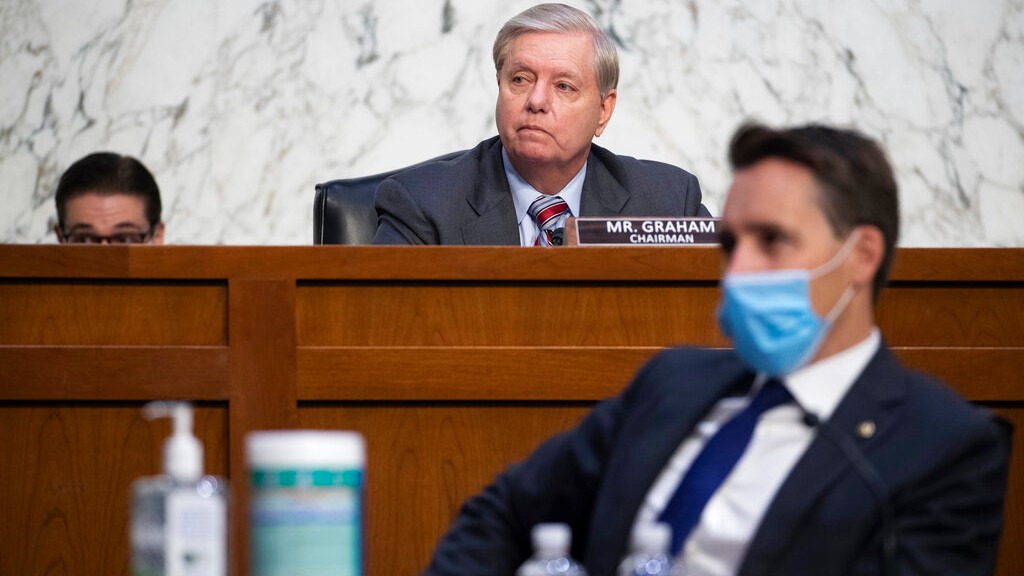 Sen. Lindsey Graham, R-S.C., during the confirmation hearing for Supreme Court nominee Amy Coney Barrett, before the Senate Judiciary Committee, Thursday, Oct. 15, 2020, on Capitol Hill in Washington. (Shawn Thew/Pool via AP)