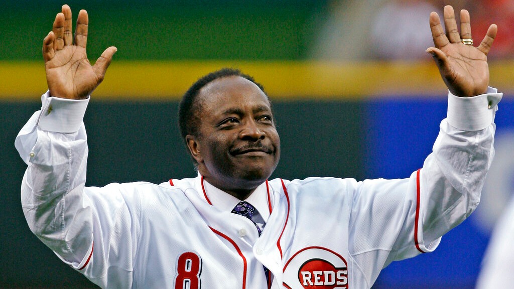 In this Wednesday, April 7, 2010, file photo, Cincinnati Reds Hall of Fame second baseman Joe Morgan acknowledges the crowd after throwing out a ceremonial first pitch prior to the Reds' baseball game against the St. Louis Cardinals, in Cincinnati. (AP Photo/Al Behrman)