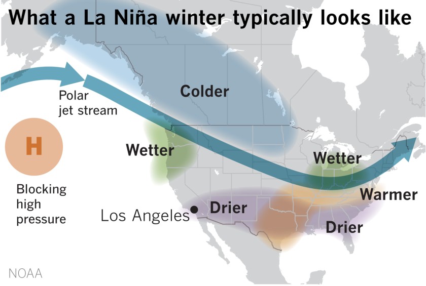 Sea surface temperatures from Sept. 27 to Oct. 3, 2020 show a strengthening La Niña. (Paul Duginski / Los Angeles Times)