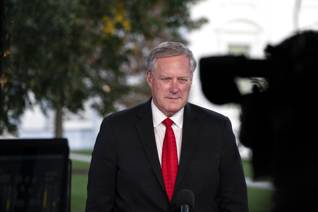 White House chief of staff Mark Meadows does a television interview at the White House, Wednesday, Oct. 7, 2020, in Washington. (AP Photo/Alex Brandon)