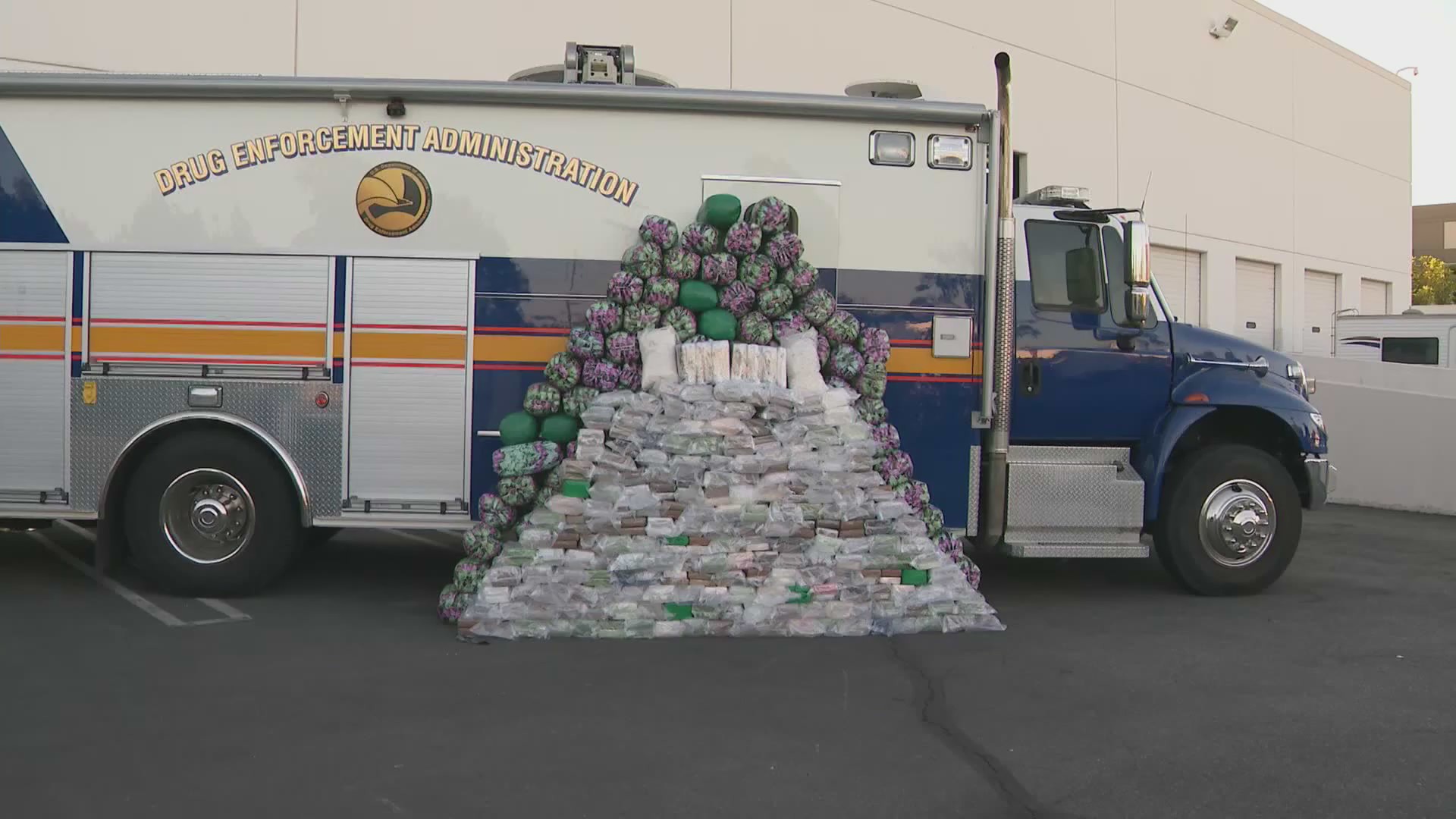 The U.S. Drug Enforcement Administration displayed more than 2,200 pounds of meth at a news conference in Montebello on Oct. 14, 2020. (KTLA)