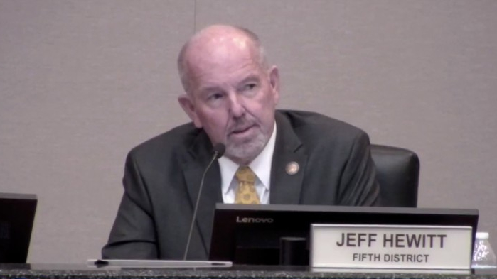 Riverside County Supervisor Jeff Hewitt appears in a screen grab from a livestream of the board’s meeting on Oct. 6, 2020.