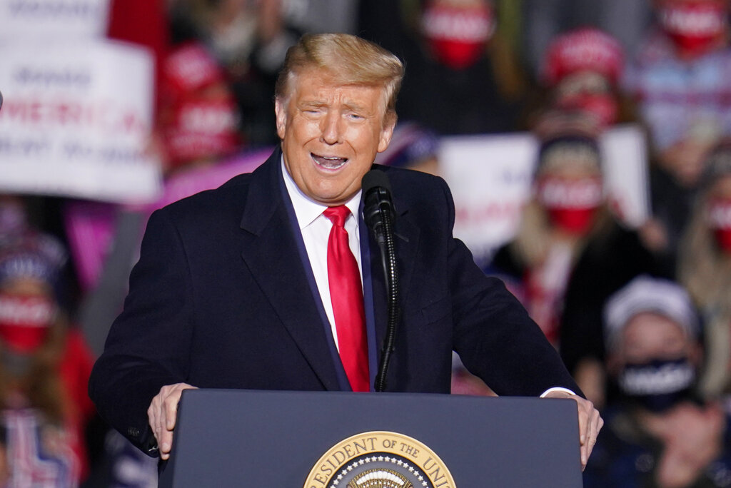 President Donald Trump speaks during a campaign rally at Erie International Airport, Tom Ridge Field in Erie, Pa, Tuesday, Oct. 20, 2020. (AP