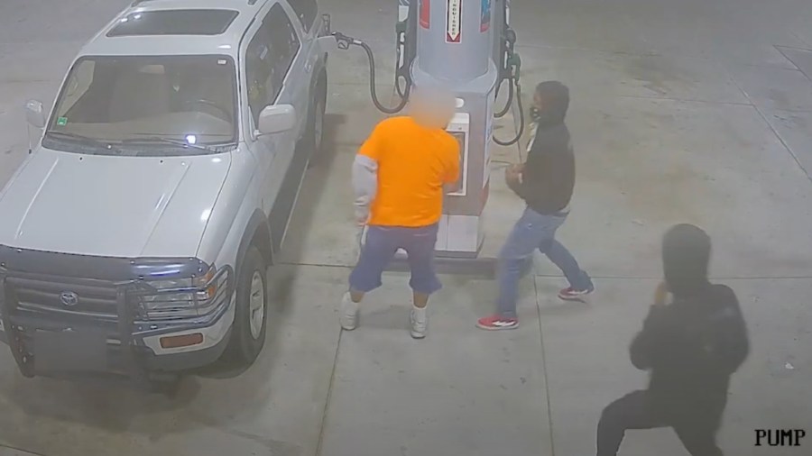 Security cameras captured a carjacking at a Chevron station in Victorville on Nov. 12, 2020, in footage released by the San Bernardino County Sheriff’s Department.