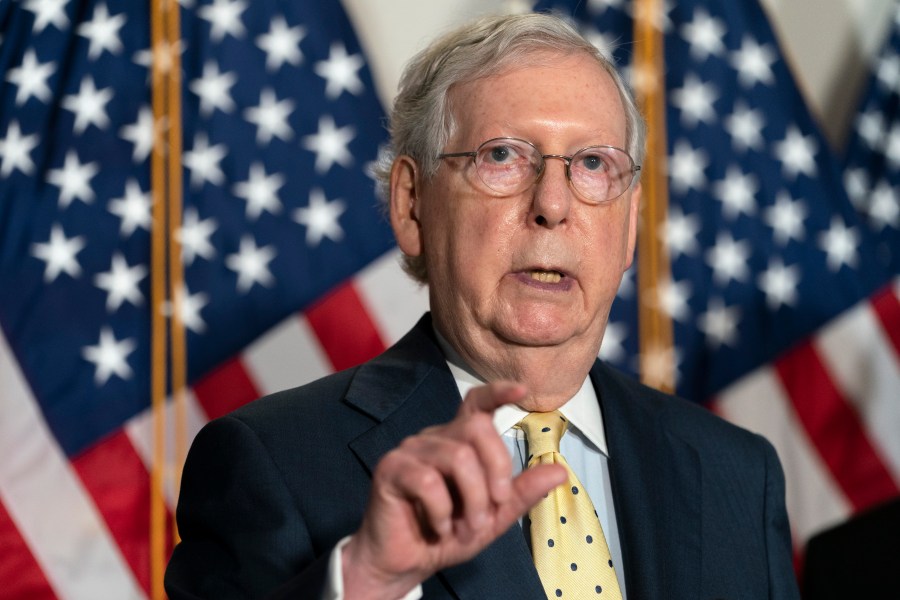 Senate Majority Leader Mitch McConnell of Ky., speaks after meeting with Senate Republicans, Wednesday, Sept. 9, 2020, on Capitol Hill in Washington. (AP Photo/Jacquelyn Martin)