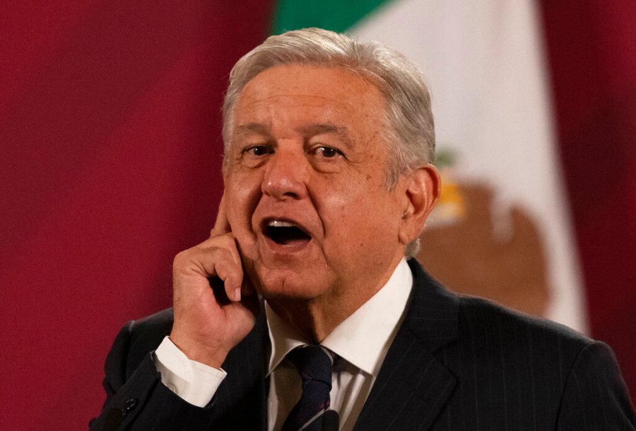 Mexican President Andres Manuel Lopez Obrador gives his daily, morning news conference at the presidential palace, Palacio Nacional, in Mexico City on Oct. 16, 2020. (AP Photo/Marco Ugarte)