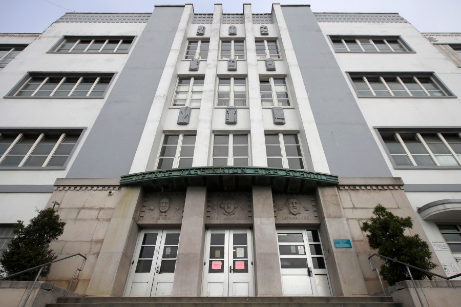 In this March 12, 2020, file photo, George Washington High School stands in San Francisco. San Francisco Mayor London Breed is blasting an effort to rename nearly four dozen San Francisco public schools honoring dead presidents and even U.S. Sen. Dianne Feinstein, saying the school district should focus on getting children back into the classroom if they want to address systemic racism. (AP Photo/Jeff Chiu, File)