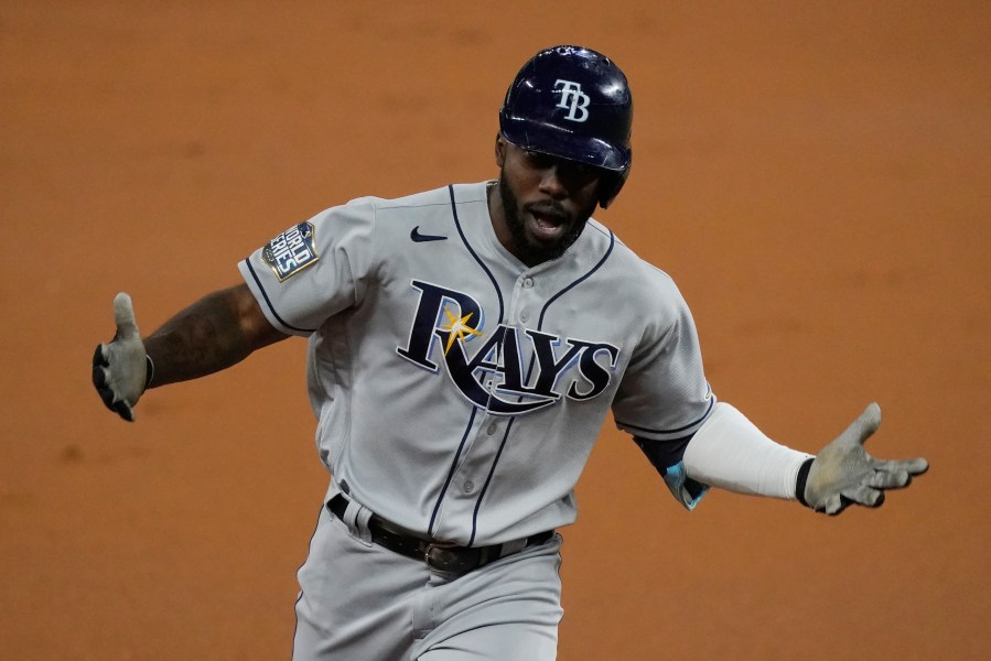 Tampa Bay Rays' Randy Arozarena celebrates a home run during the first inning in Game 6 of the baseball World Series against the Los Angeles Dodgers Tuesday, Oct. 27, 2020, in Arlington, Texas. (AP Photo/Tony Gutierrez)