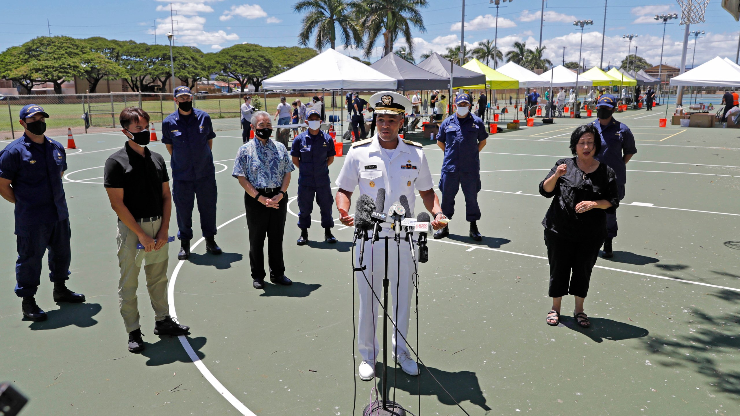 U.S. Surgeon General Jerome Adams speaks during a press conference on Aug. 27, 2020, the second day of surge COVID-19 testing, at Kalakaua District Park in Honolulu. (Jamm Aquino / Honolulu Star-Advertiser via Associated Press)