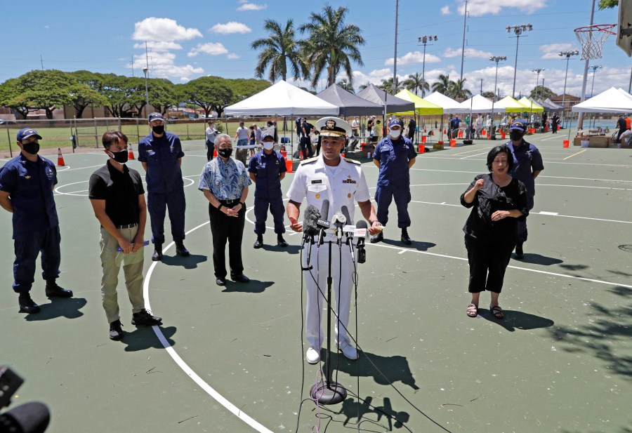 U.S. Surgeon General Jerome Adams speaks during a press conference on Aug. 27, 2020, the second day of surge COVID-19 testing, at Kalakaua District Park in Honolulu. (Jamm Aquino / Honolulu Star-Advertiser via Associated Press)