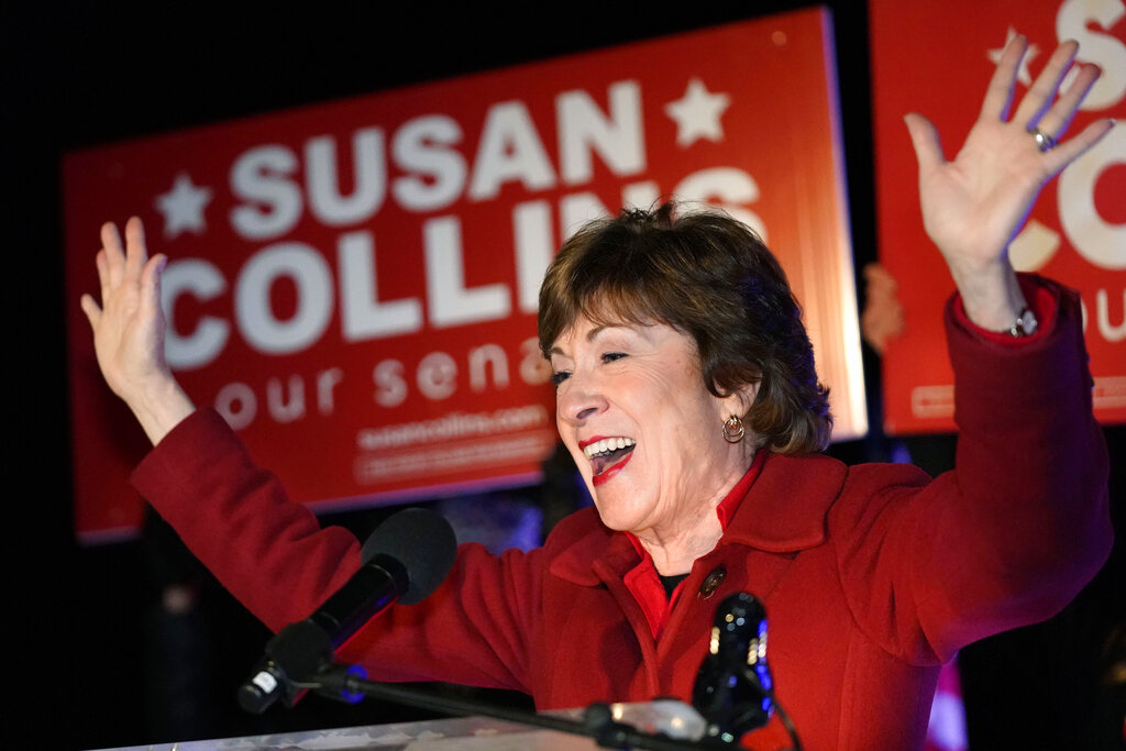 Sen. Susan Collins, R-Maine, addresses supporters just after midnight on Wednesday, Nov. 4, 2020, in Bangor, Maine. (AP Photo/Robert F. Bukaty)