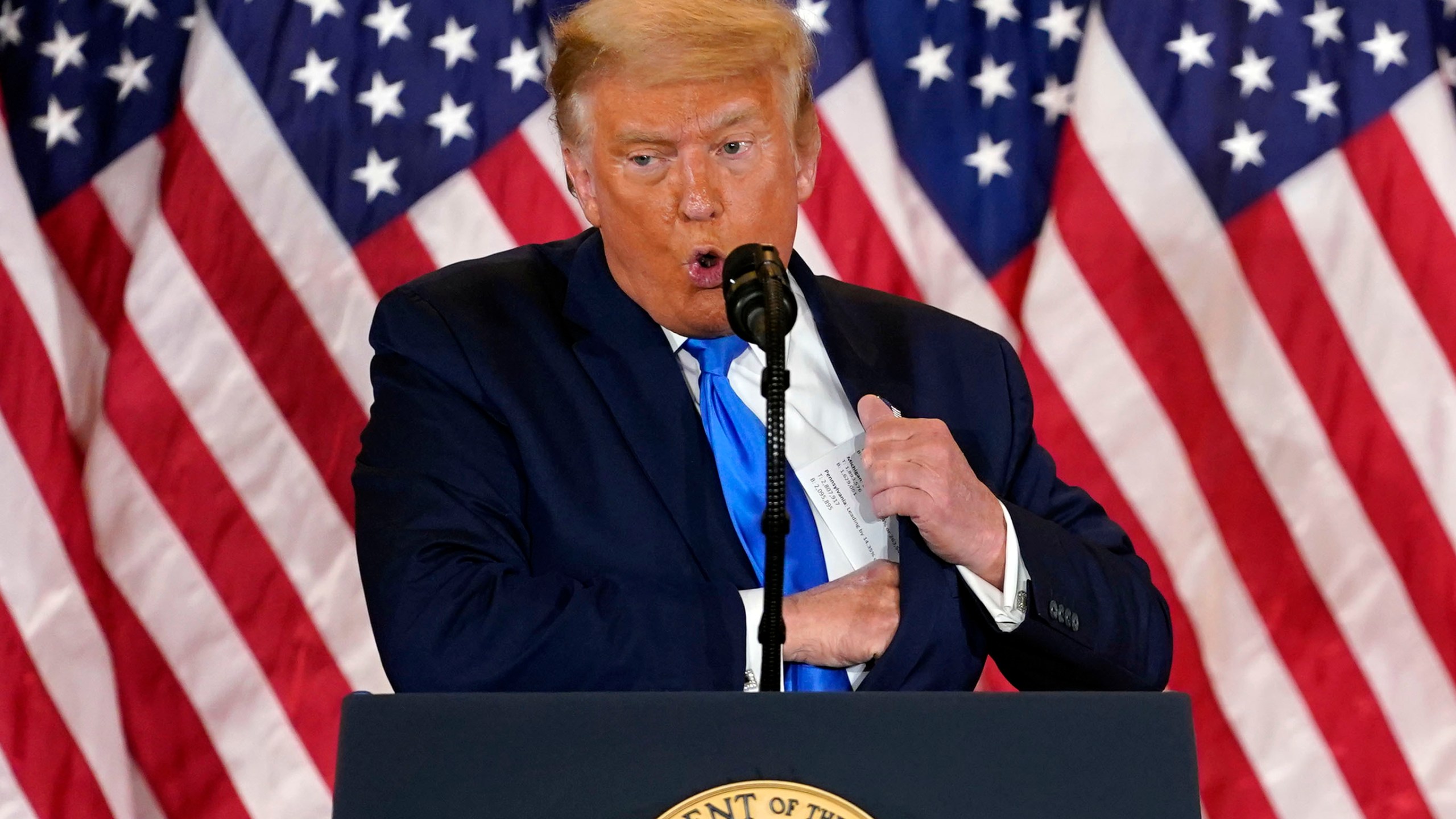 President Donald Trump speaks in the East Room of the White House, early Wednesday, Nov. 4, 2020, in Washington. (AP Photo/Evan Vucci)