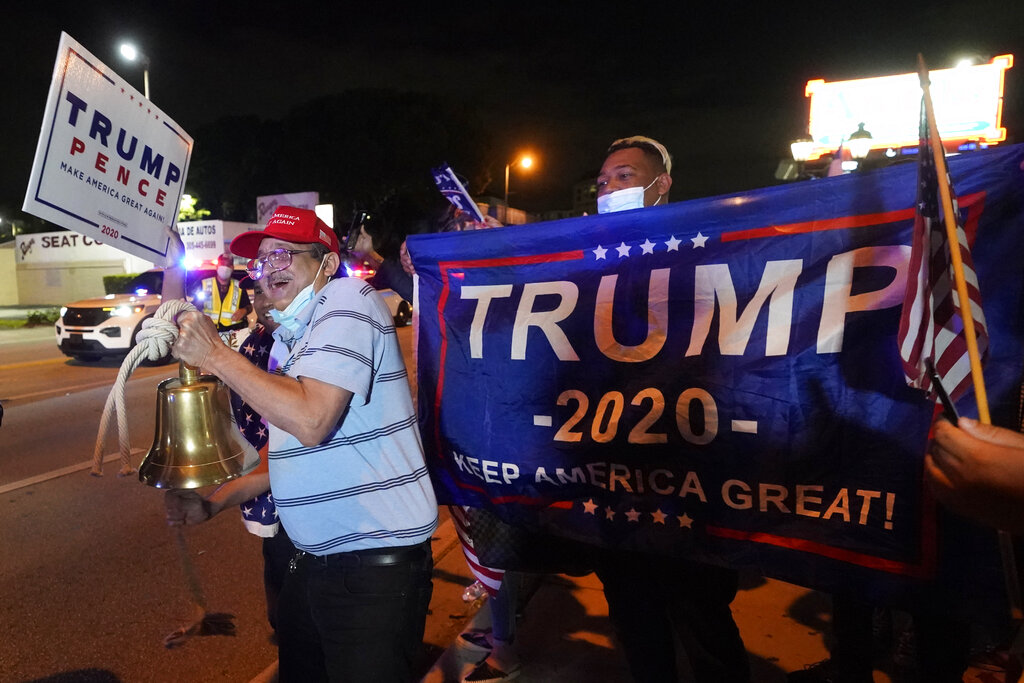 In this Nov. 3, 2020, photo, Rafael Fagundo rings a bell as he and other supporters of President Donald Trump chant and wave flags outside the Versailles Cuban restaurant during a celebration on election night in the Little Havana neighborhood of Miami. (AP Photo/Wilfredo Lee)