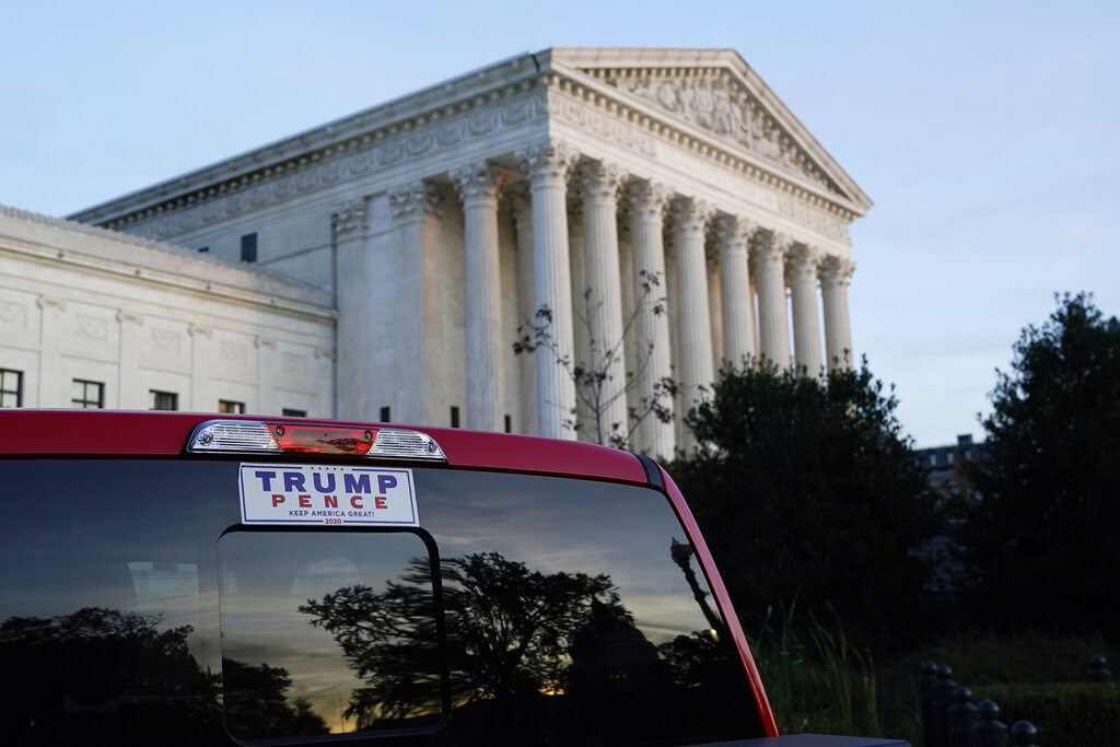 The Supreme Court is seen in Washington, Thursday afternoon, Nov. 5, 2020. (AP Photo/J. Scott Applewhite)