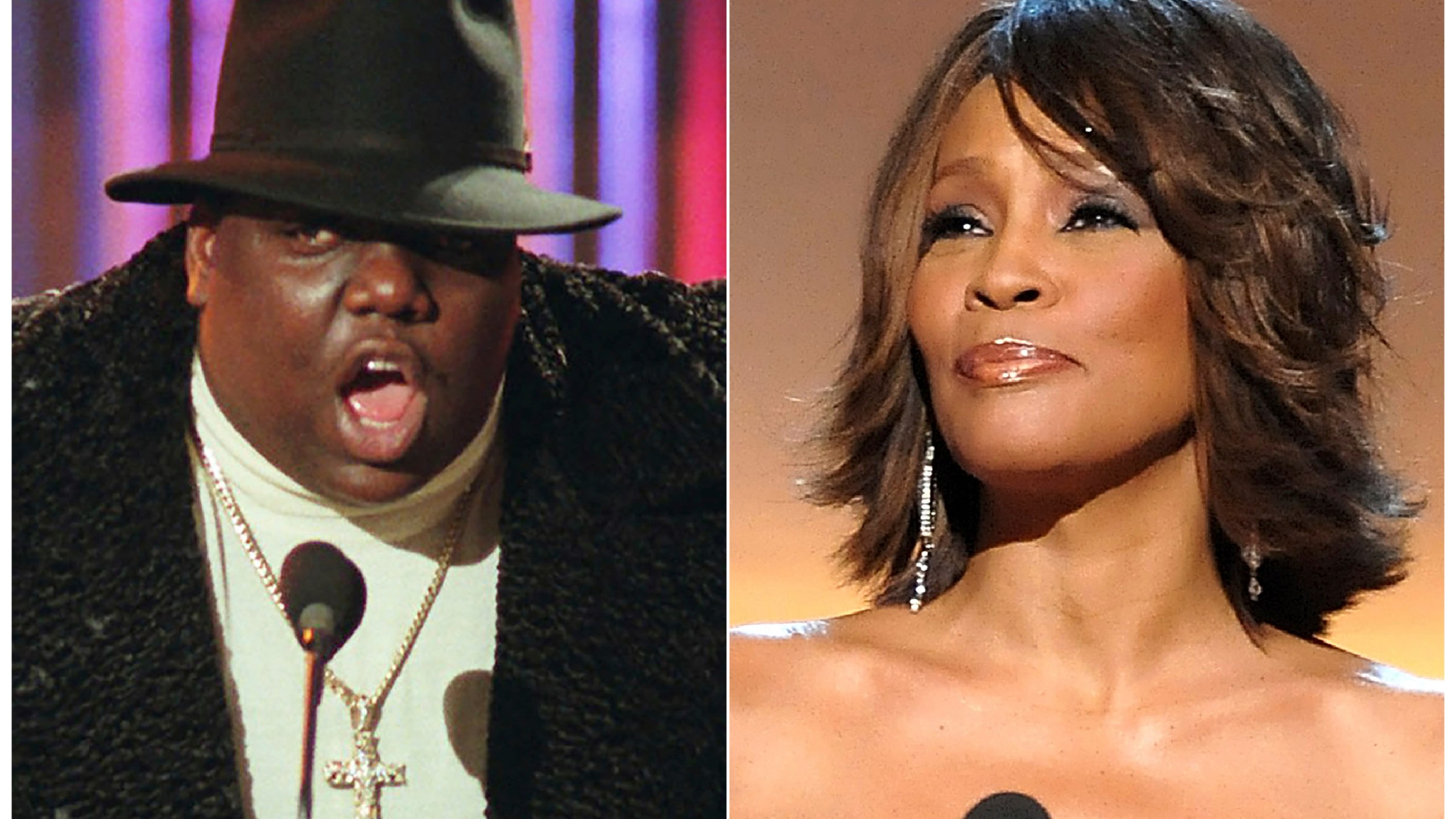 This combination photo shows Notorious B.I.G., who won rap artist and rap single of the year, during the annual Billboard Music Awards in New York on Dec. 6, 1995, left, and singer Whitney Houston at the BET Honors in Washington on Jan. 17, 2009. Houston and the Notorious B.I.G. are among the inductees to the Rock and Roll Hall of Fame's 2020 class. (AP Photo)