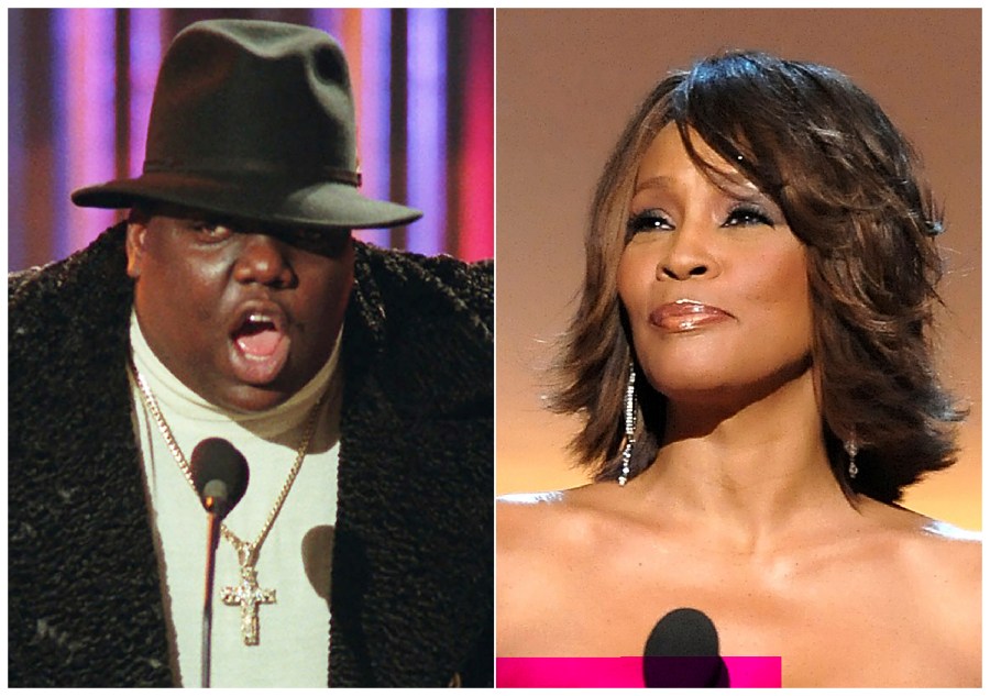 This combination photo shows Notorious B.I.G., who won rap artist and rap single of the year, during the annual Billboard Music Awards in New York on Dec. 6, 1995, left, and singer Whitney Houston at the BET Honors in Washington on Jan. 17, 2009. Houston and the Notorious B.I.G. are among the inductees to the Rock and Roll Hall of Fame's 2020 class. (AP Photo)