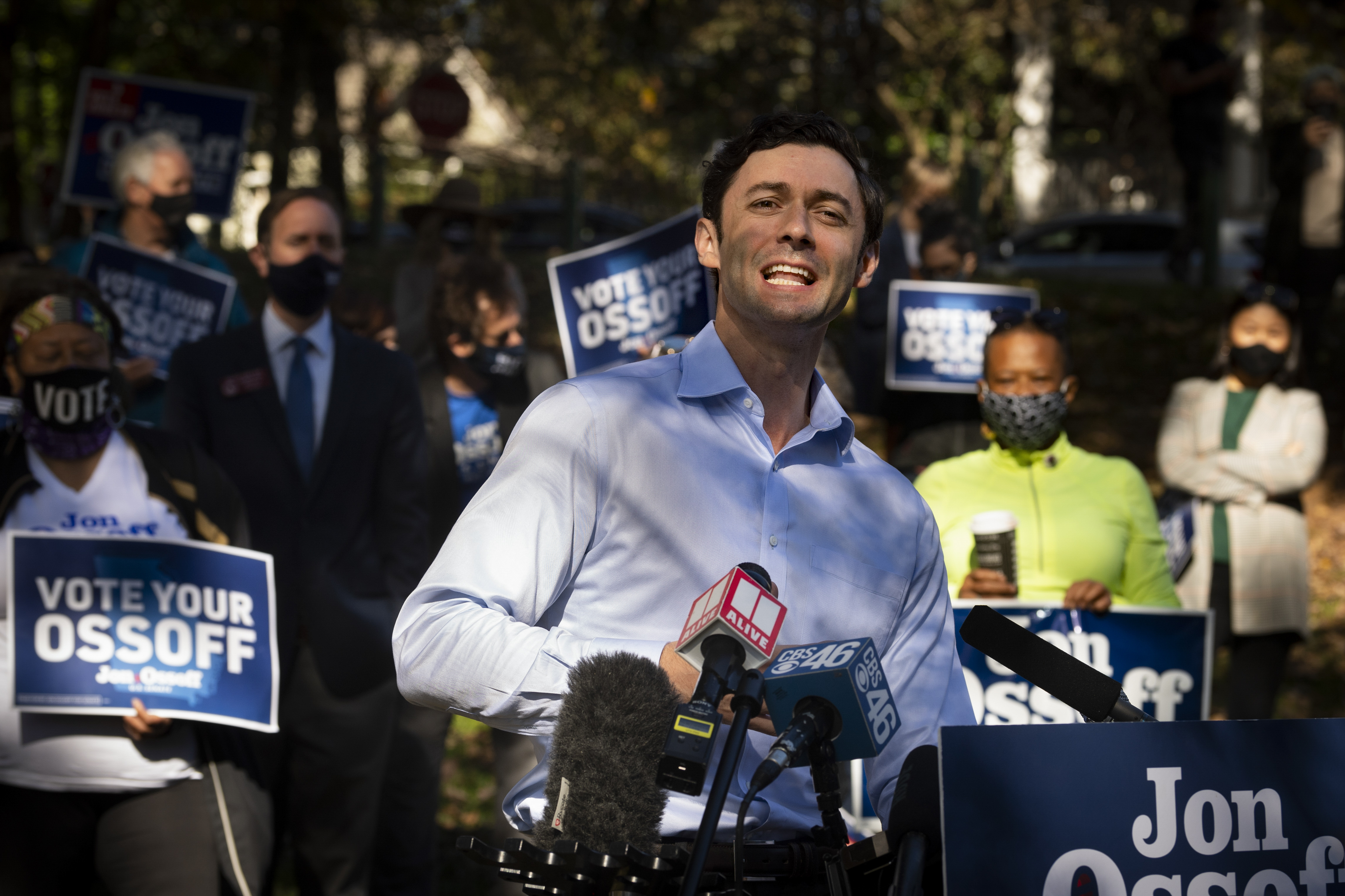 Georgia Democratic candidate for U.S. Senate Jon Ossoff speaks to the media as he rallies supporters for a run-off against Republican candidate Sen. David Perdue, as they meet in Grant Park, Friday, Nov. 6, 2020, in Atlanta. (John Amis/AP Photo)