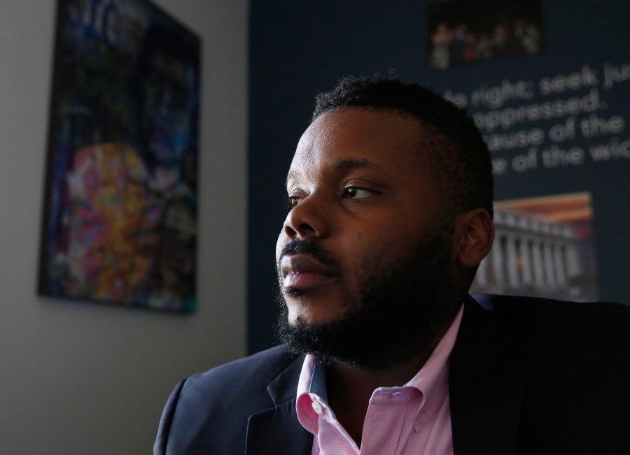 In this Aug. 14, 2019, file photo, Stockton Mayor Michael Tubbs talks during an interview in Stockton, Calif. Tubbs is one of the youngest mayors in the country and was the city’s first Black mayor. He garnered national attention with his universal basic income program that fights poverty by paying people $500 a month. But despite winning 70% of the vote, Tubbs is trailing a Republican challenger, putting him in danger of losing his seat. (AP Photo/Rich Pedroncelli, File)