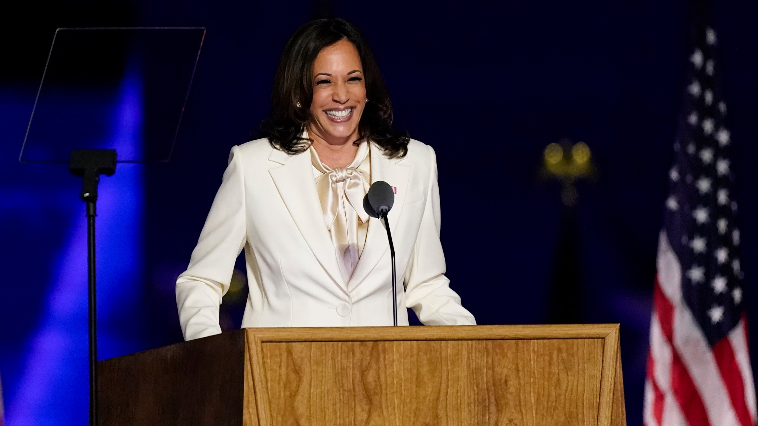 Vice President-elect Kamala Harris speaks Saturday, Nov. 7, 2020, in Wilmington, Del. (Andrew Harnik/AP Photo)