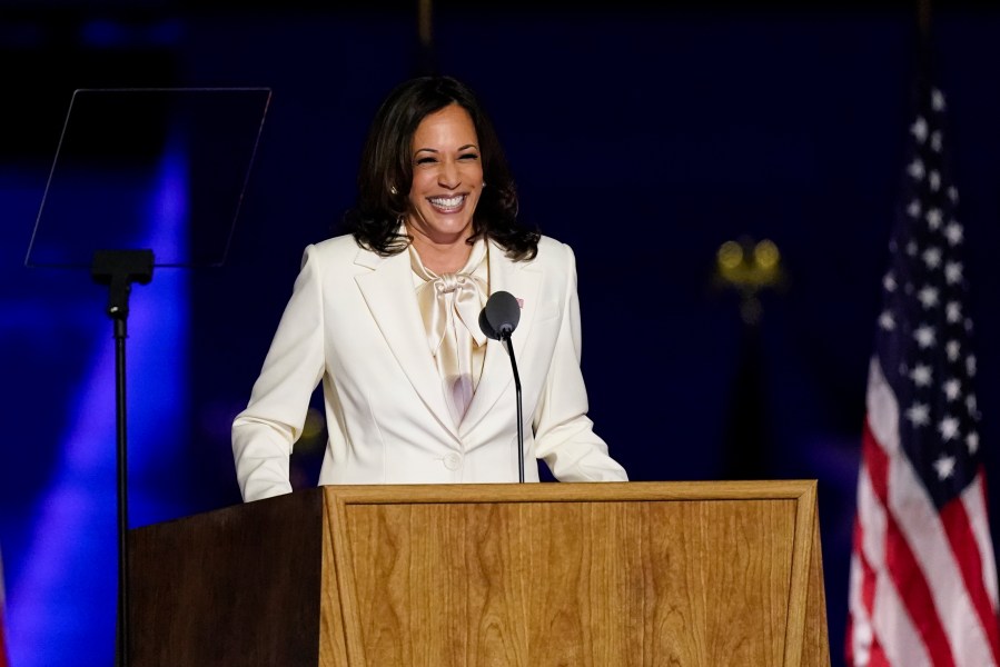 Vice President-elect Kamala Harris speaks Saturday, Nov. 7, 2020, in Wilmington, Del. (Andrew Harnik/AP Photo)