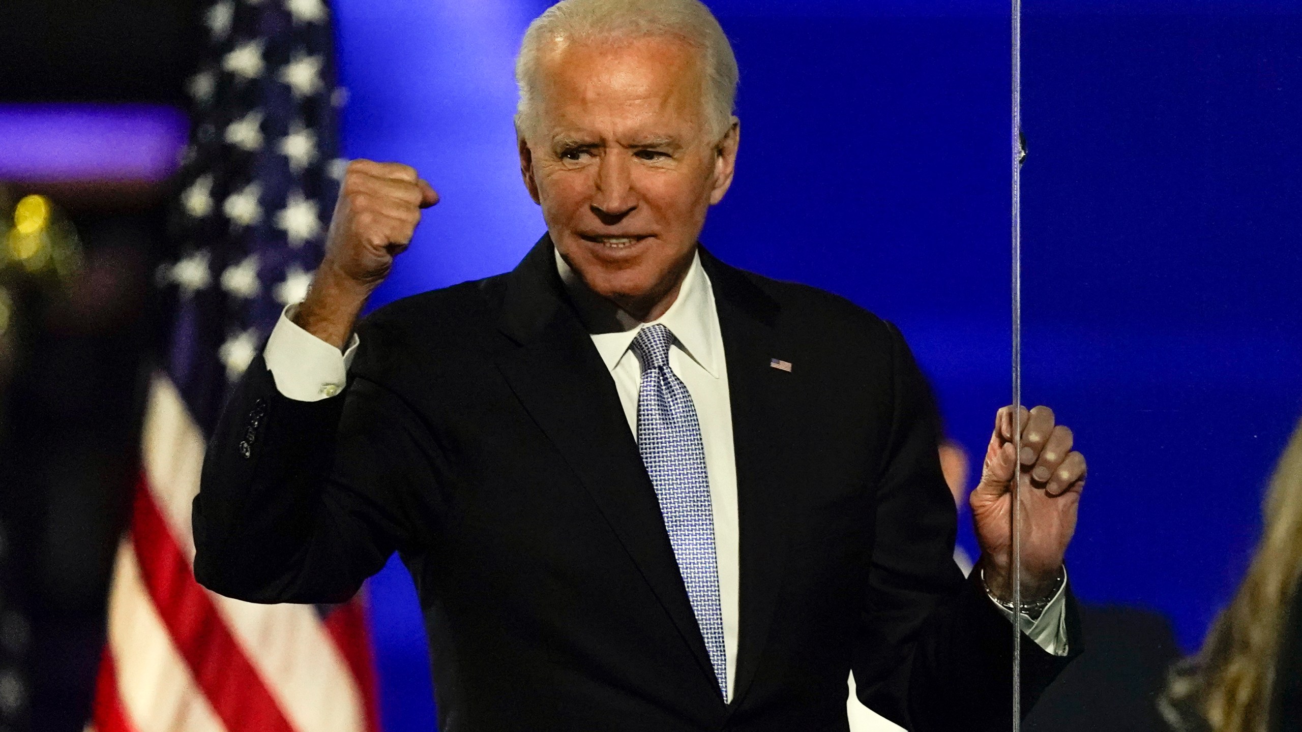 President-elect Joe Biden gestures to supporters Saturday, Nov. 7, 2020, in Wilmington, Del. (Andrew Harnik/AP Photo)