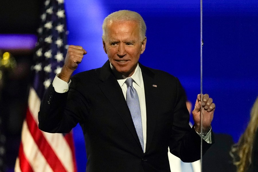 President-elect Joe Biden gestures to supporters Saturday, Nov. 7, 2020, in Wilmington, Del. (Andrew Harnik/AP Photo)