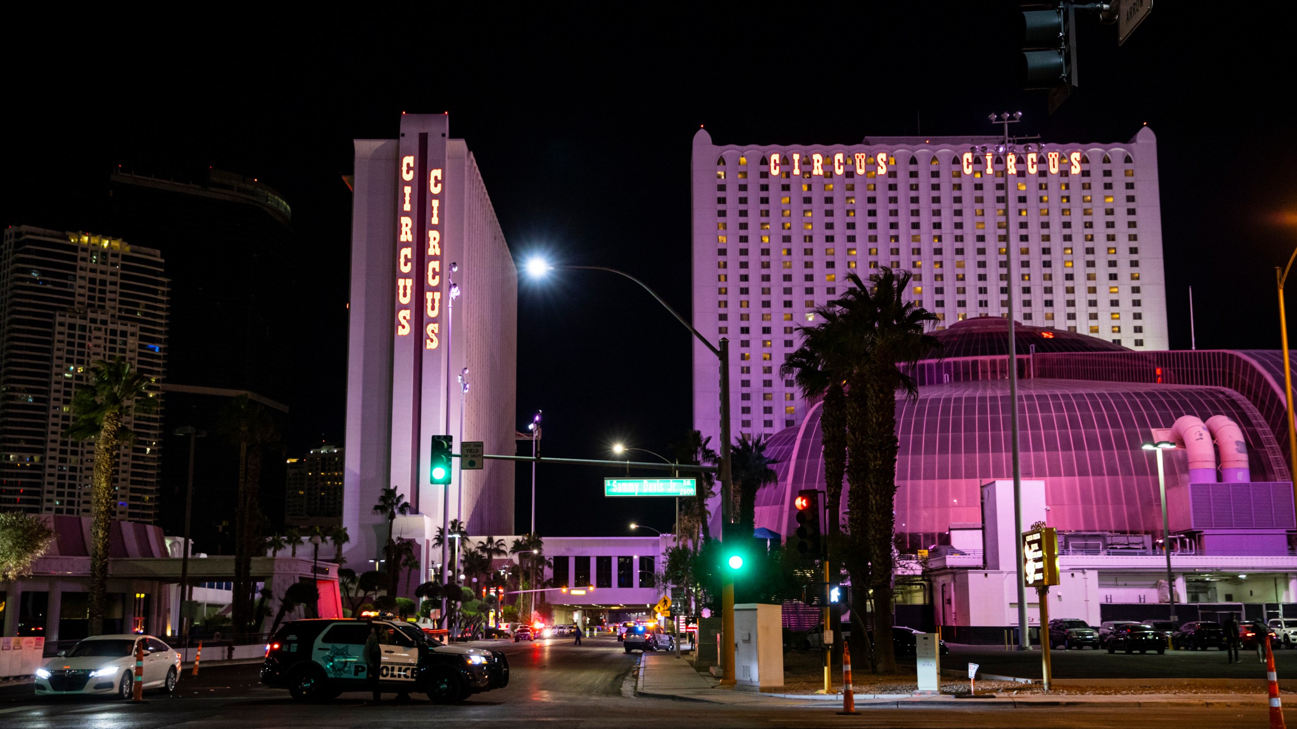 Las Vegas police block a road leading to Circus Circus casino, where a shooting was reported in Las Vegas on Saturday, Nov. 7, 2020. (Chase Stevens/Las Vegas Review-Journal via AP)