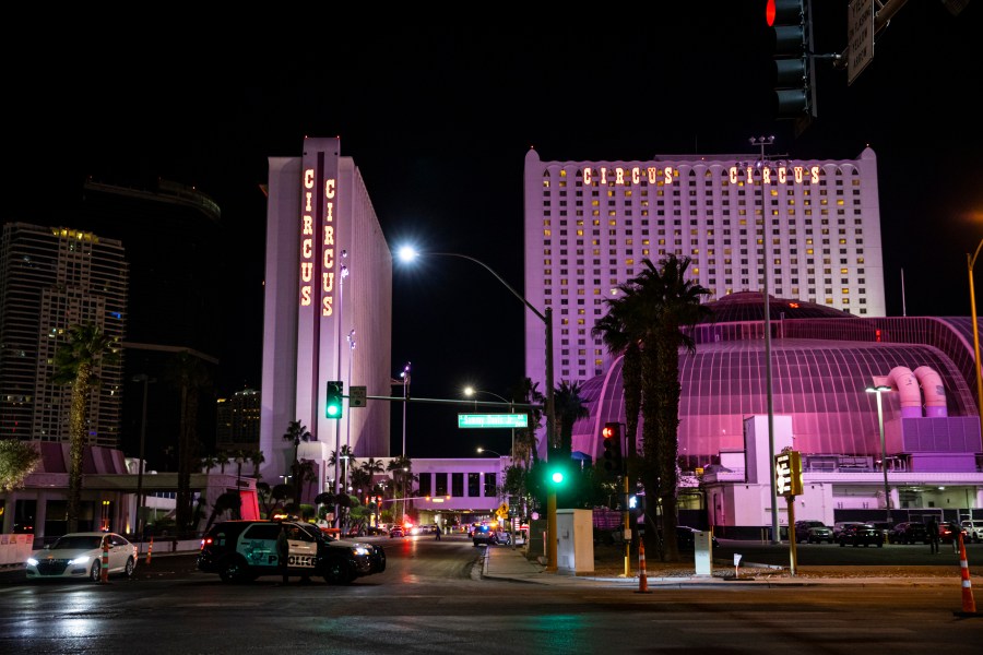 Las Vegas police block a road leading to Circus Circus casino, where a shooting was reported in Las Vegas on Saturday, Nov. 7, 2020. (Chase Stevens/Las Vegas Review-Journal via AP)