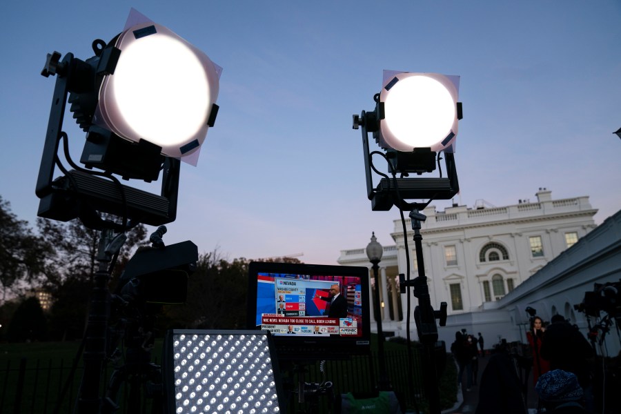 In this Nov. 6, 2020, file photo, media organizations set up outside the White House in Washington. (AP Photo/Evan Vucci, File)