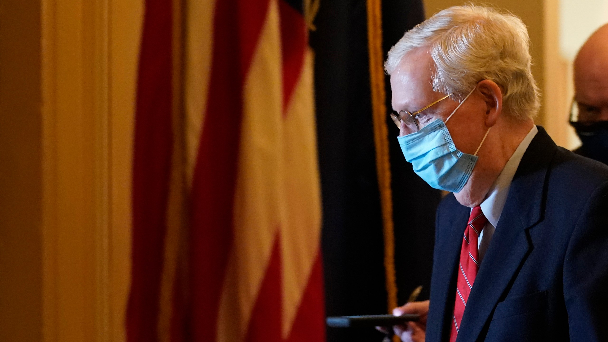 Senate Majority Leader Mitch McConnell of Ky., walks back to his office on Capitol Hill in Washington, Monday, Nov. 9, 2020. (AP Photo/Susan Walsh)