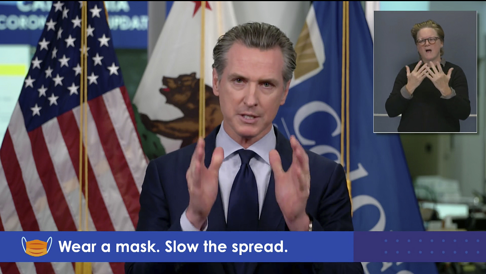 California Gov. Gavin Newsom holds his weekly news conference via an internet stream provided by the Office of the Governor from Sacramento on Nov. 9, 2020.